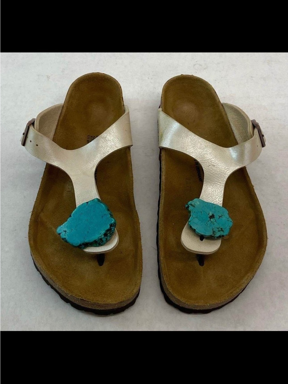 W Gizeh Metallic Cream Birkenstocks with Turquoise Accent